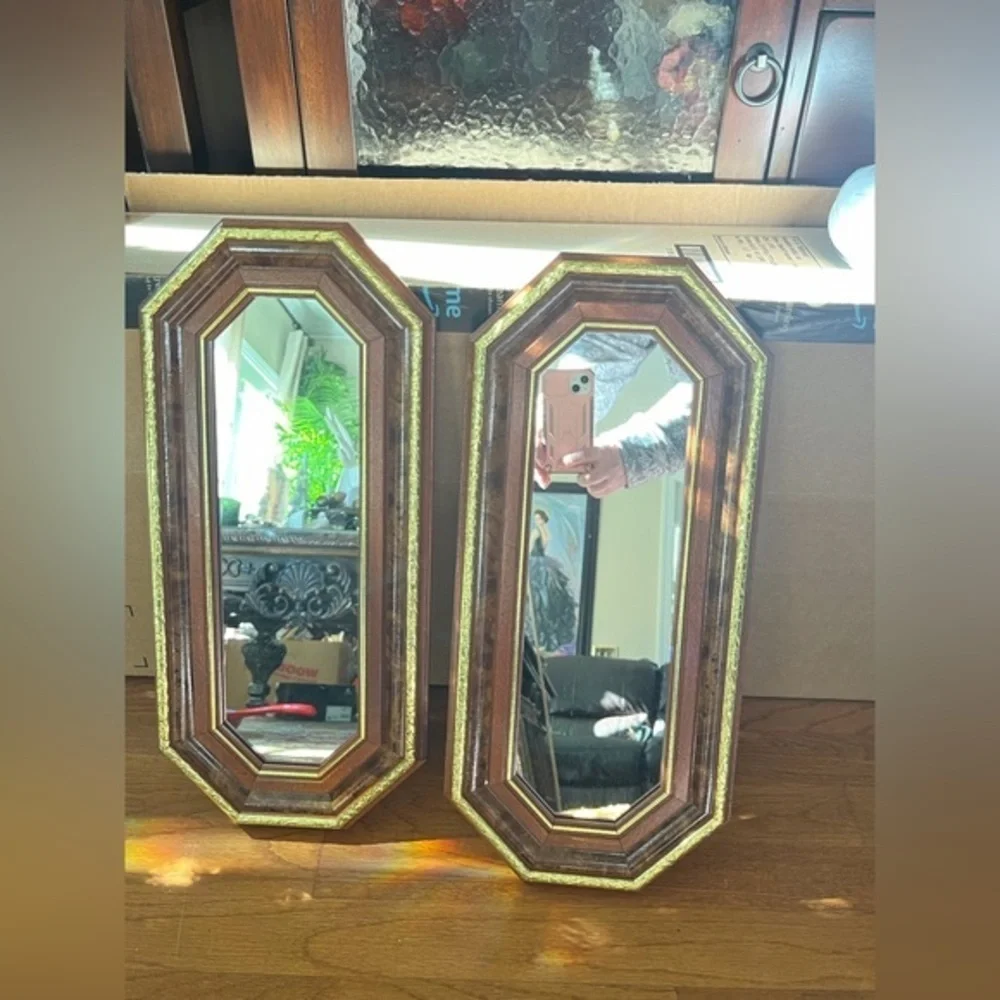 Vintage Octagon Mirror Wood with Gold Trim 18-1/2” X 8-1/2” Set Of 2